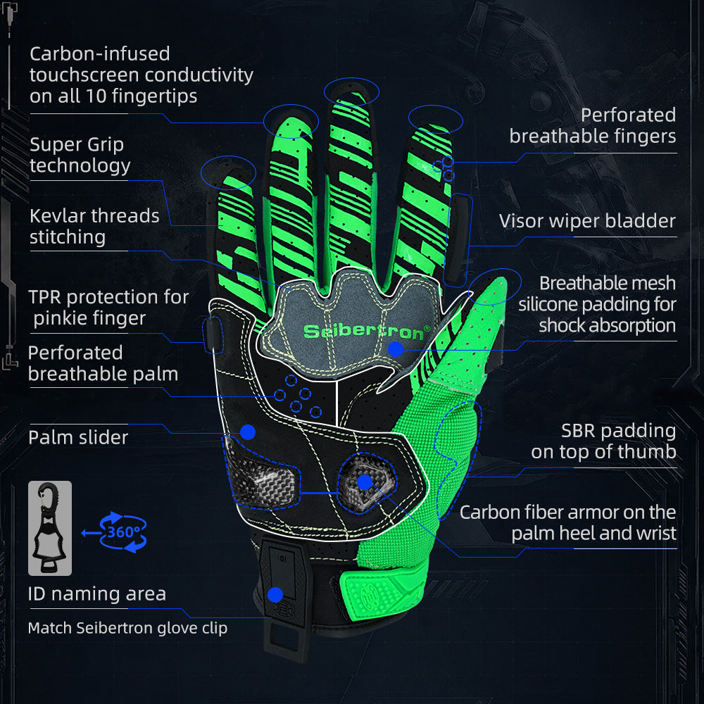 Seibertron SPS-7 Superior Protection Series Motorcycle Riding Gloves - Breathable Touchscreen Carbon Fiber Protection