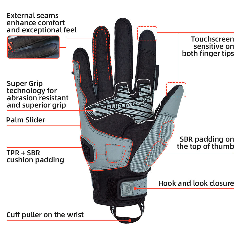 Seibertron SPS-10 Motorcycle Riding Gloves – Breathable, Durable, Anti-Slip, Touchscreen Leather Gloves for Spring, Summer, and Fall