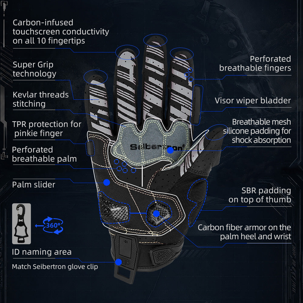 Seibertron SPS-7 Superior Protection Series Motorcycle Riding Gloves - Breathable Touchscreen Carbon Fiber Protection