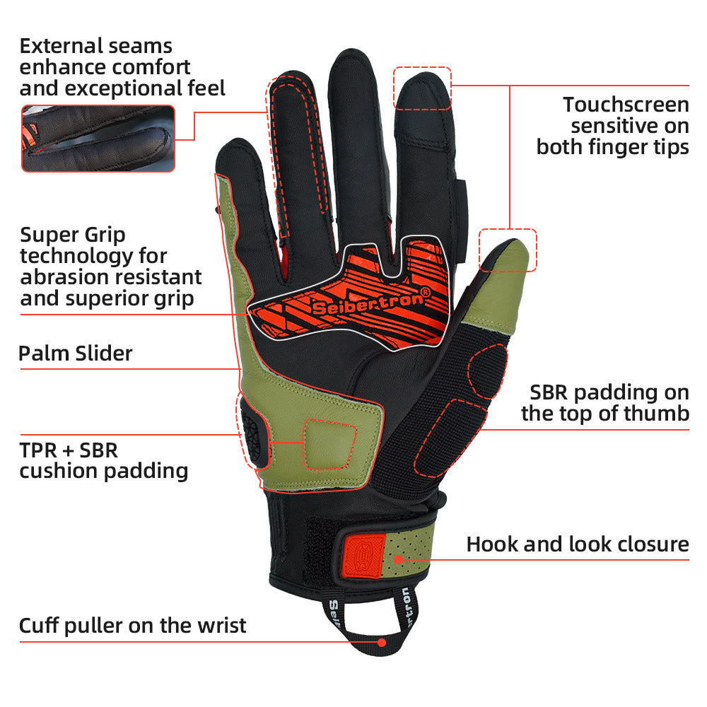 Seibertron SPS-10 Motorcycle Riding Gloves – Breathable, Durable, Anti-Slip, Touchscreen Leather Gloves for Spring, Summer, and Fall