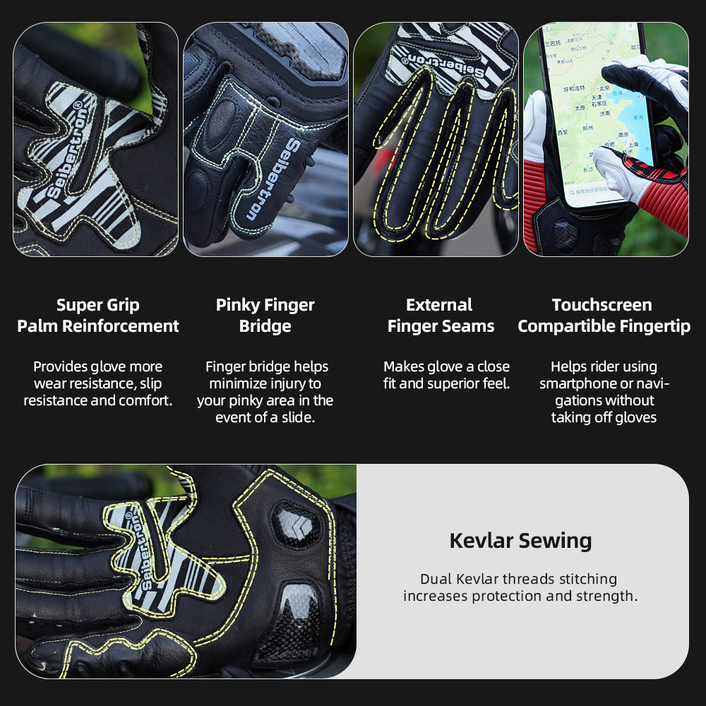 Seibertron SPS-6 All-Season Leather Motorcycle Gloves with Carbon Fiber Protection, Breathable Design, and Anti-Slip Grip – Perfect for Road Racing, Track Riding, and Long-Distance Touring