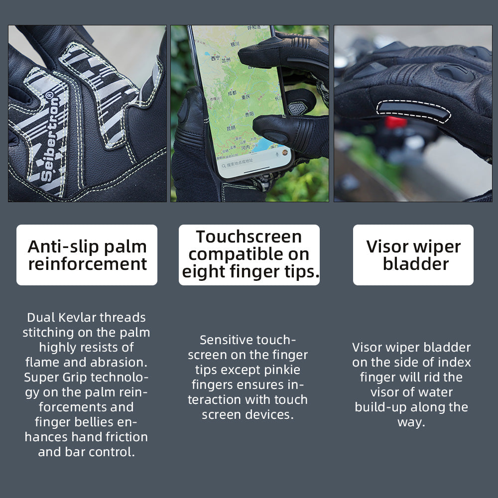 Seibertron SPS-4 Upgraded Winter Motorcycle Riding Gloves - Carbon Fiber, Waterproof, and Snowproof for Fall and Winter