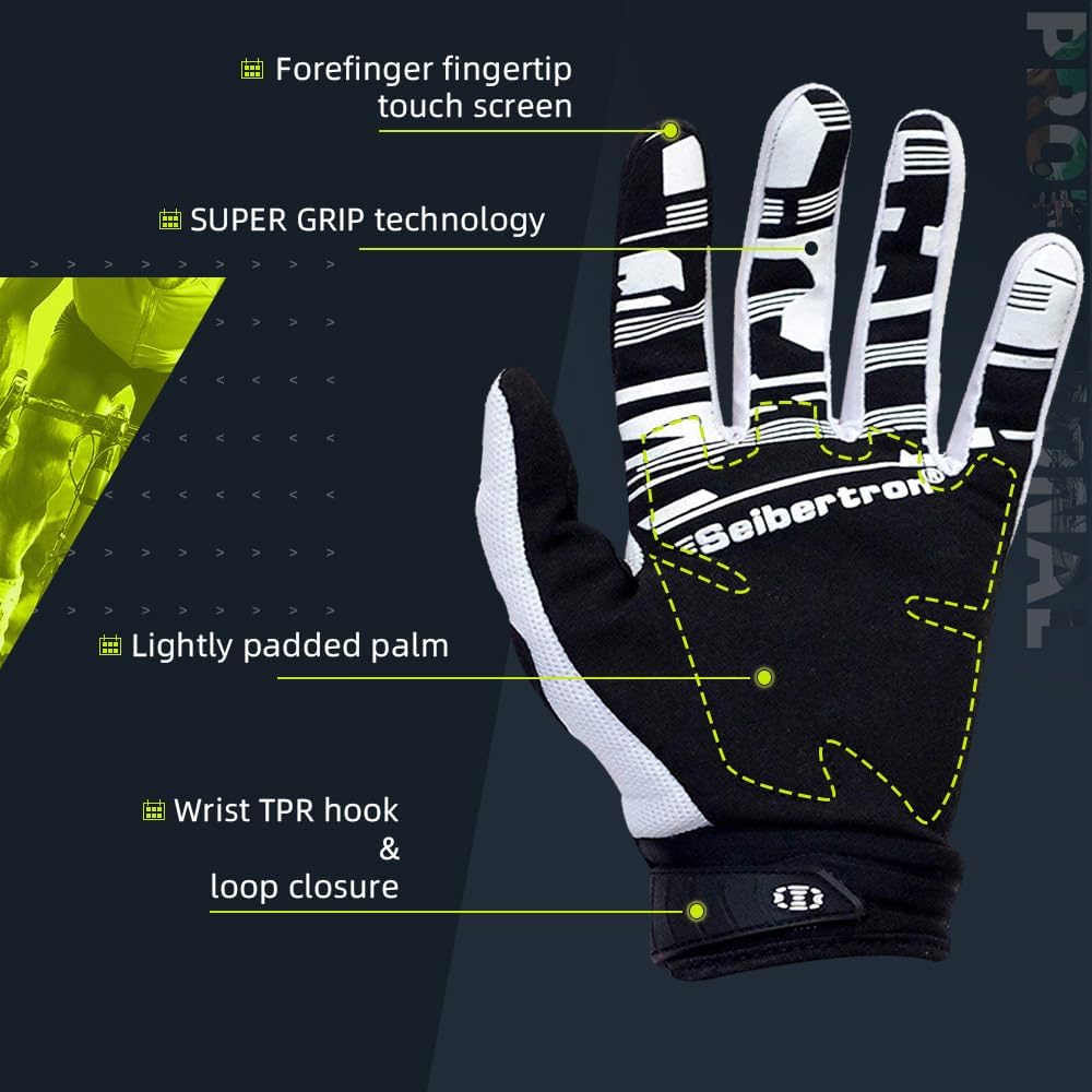 Seibertron Adult Dirtpaw Unisex BMX MX ATV MTB Racing Mountain Bike Bicycle Cycling Off-Road/Dirt Bike Gloves Road Racing Motorcycle Motocross Sports Gloves Touch Recognition Full Finger Glove