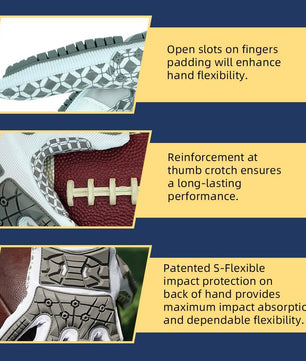 Seibertron Youth Full Finger Lineman 2.0 Padded Palm Football Receiver Gloves, Flexible TPR Impact Protection Back of Hand Glove