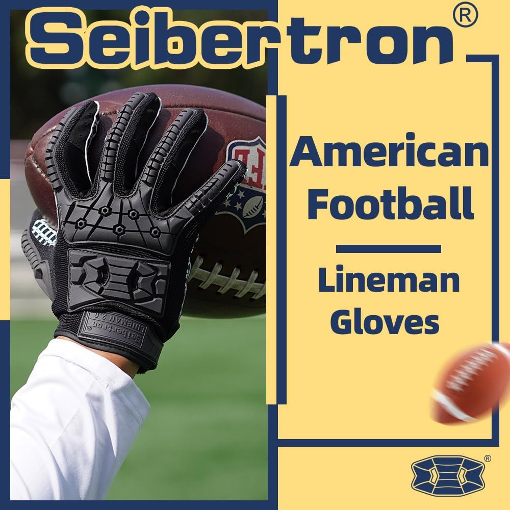 Seibertron Adult Full Finger Lineman 2.0 Padded Palm Football Receiver Gloves, Flexible TPR Impact Protection Back of Hand Glove