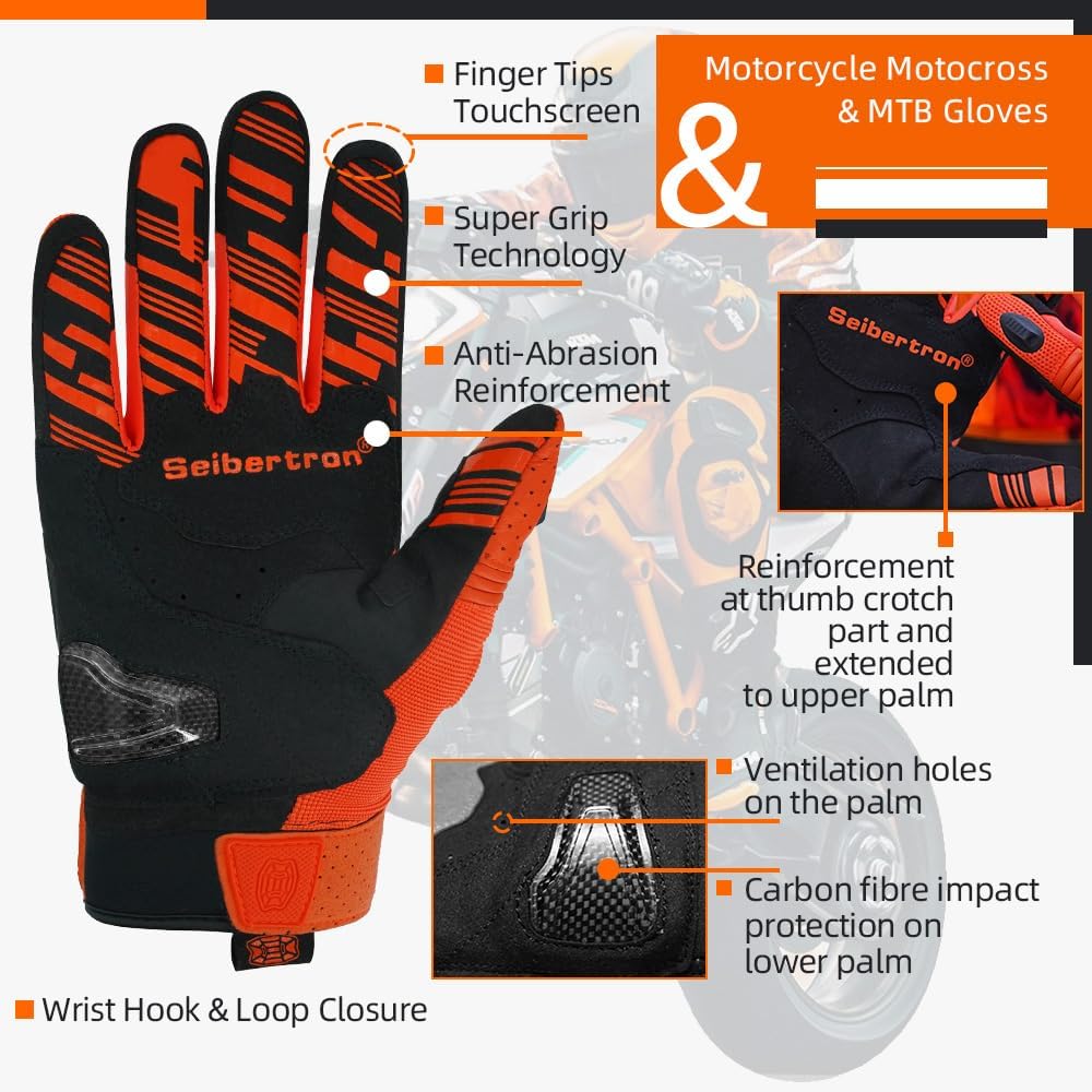 Seibertron SPS-2/SPS-5 Unisex Touchscreen Motorcycle Gloves for Road Racing and MTB Sports