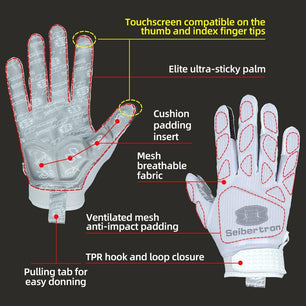 Seibertron H.P.I.L.G Touchscreen Lineman and Football Receiver Gloves, Flexible Breathable Impact Protection Back of Hand Glove Adult and Youth Sizes