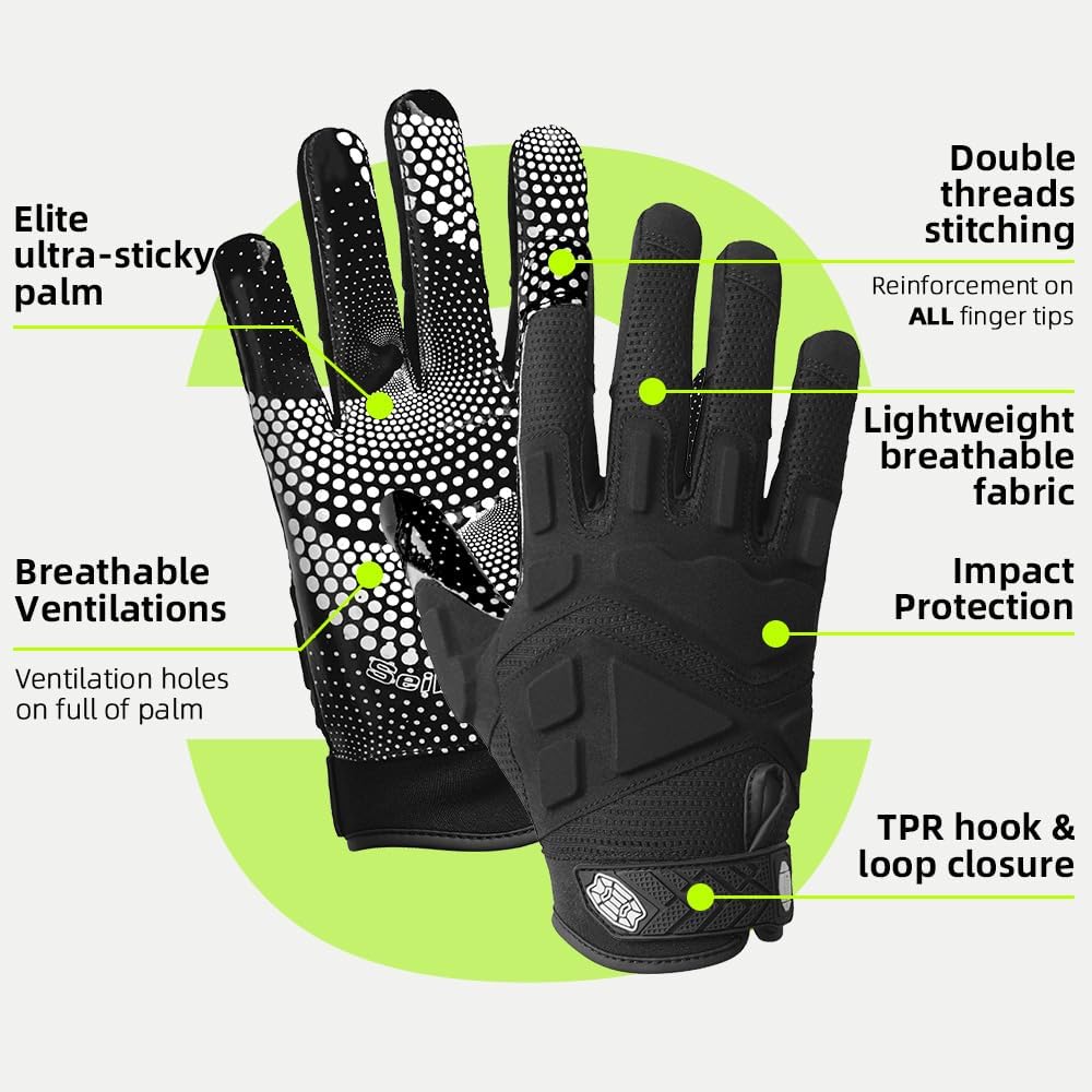 Seibertron G.A.R.G 2.0 Gel-Filled Anti-Impact Ultra-Stick Football Receiver Gloves – Patented Technology for Maximum Grip & Protection