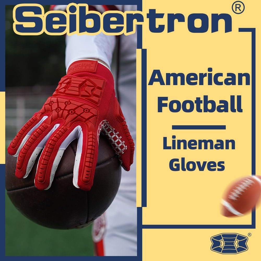 Seibertron Adult Full Finger Lineman 2.0 Padded Palm Football Receiver Gloves, Flexible TPR Impact Protection Back of Hand Glove