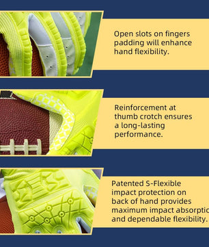 Seibertron Youth Full Finger Lineman 2.0 Padded Palm Football Receiver Gloves, Flexible TPR Impact Protection Back of Hand Glove