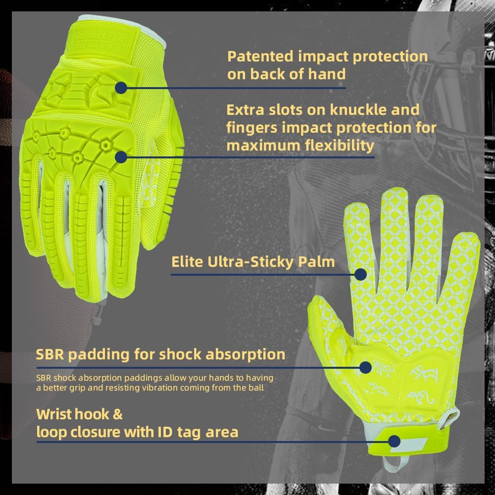 Seibertron Youth Full Finger Lineman 2.0 Football Gloves – Padded Palm, Flexible TPR Impact Protection, & Enhanced Grip