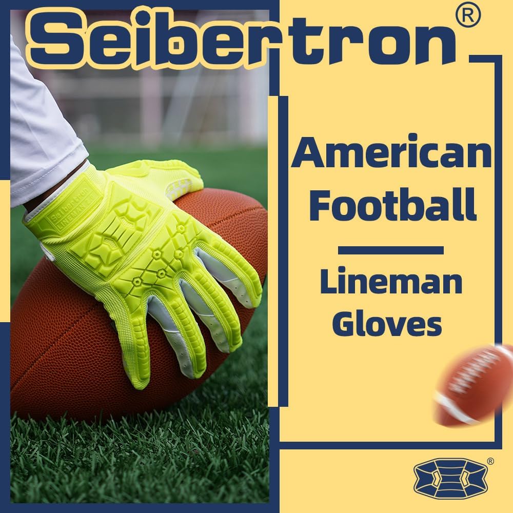 Seibertron Adult Full Finger Lineman 2.0 Padded Palm Football Receiver Gloves, Flexible TPR Impact Protection Back of Hand Glove