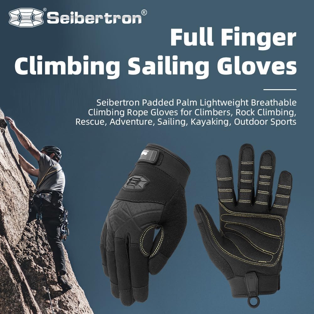 Seibertron Full Finger Padded Palm Lightweight Breathable Climbing Rope Gloves for Climbers, Rock Climbing, Rescue, Adventure, Sailing, Kayaking, Outdoor Sports, Climbing Gloves