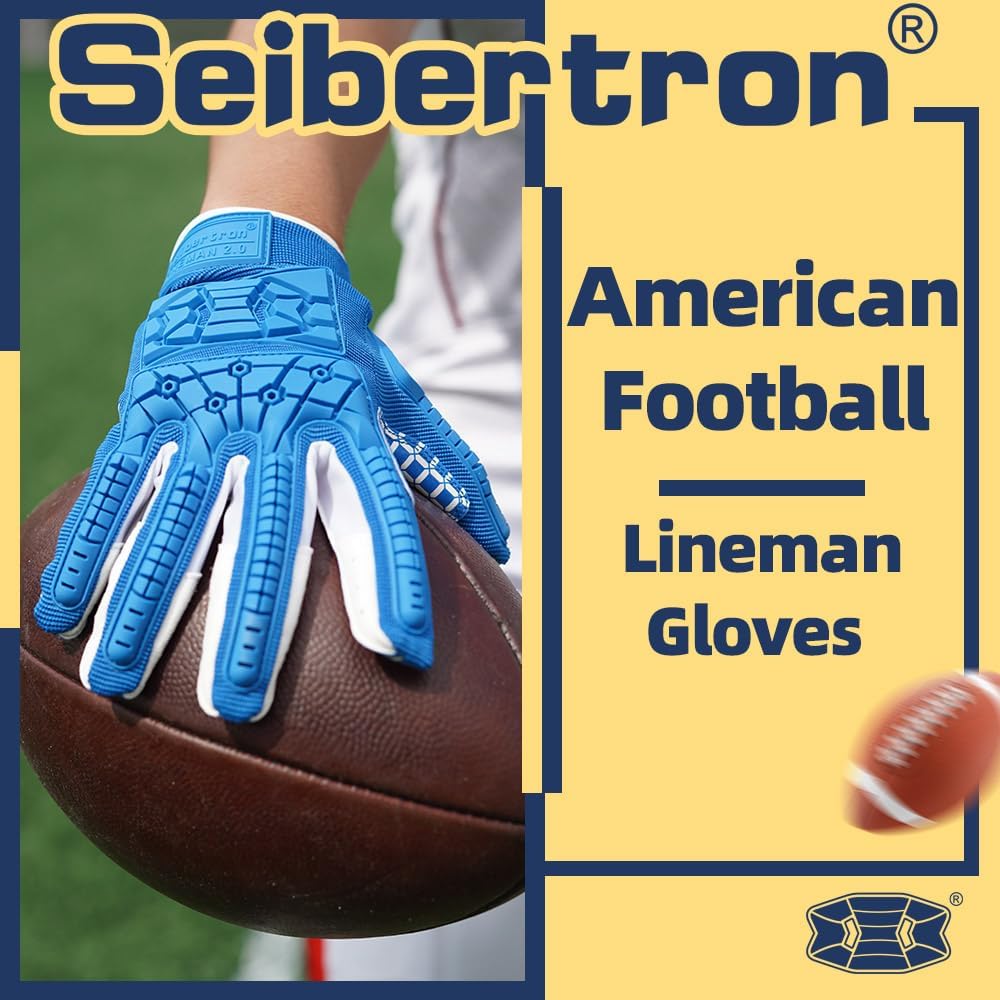 Seibertron Youth Full Finger Lineman 2.0 Padded Palm Football Receiver Gloves, Flexible TPR Impact Protection Back of Hand Glove