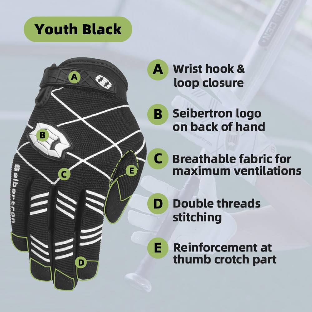 Seibertron Youth B-A-R PRO 2.0 Signature Baseball/Softball Batting Gloves Super Grip Finger