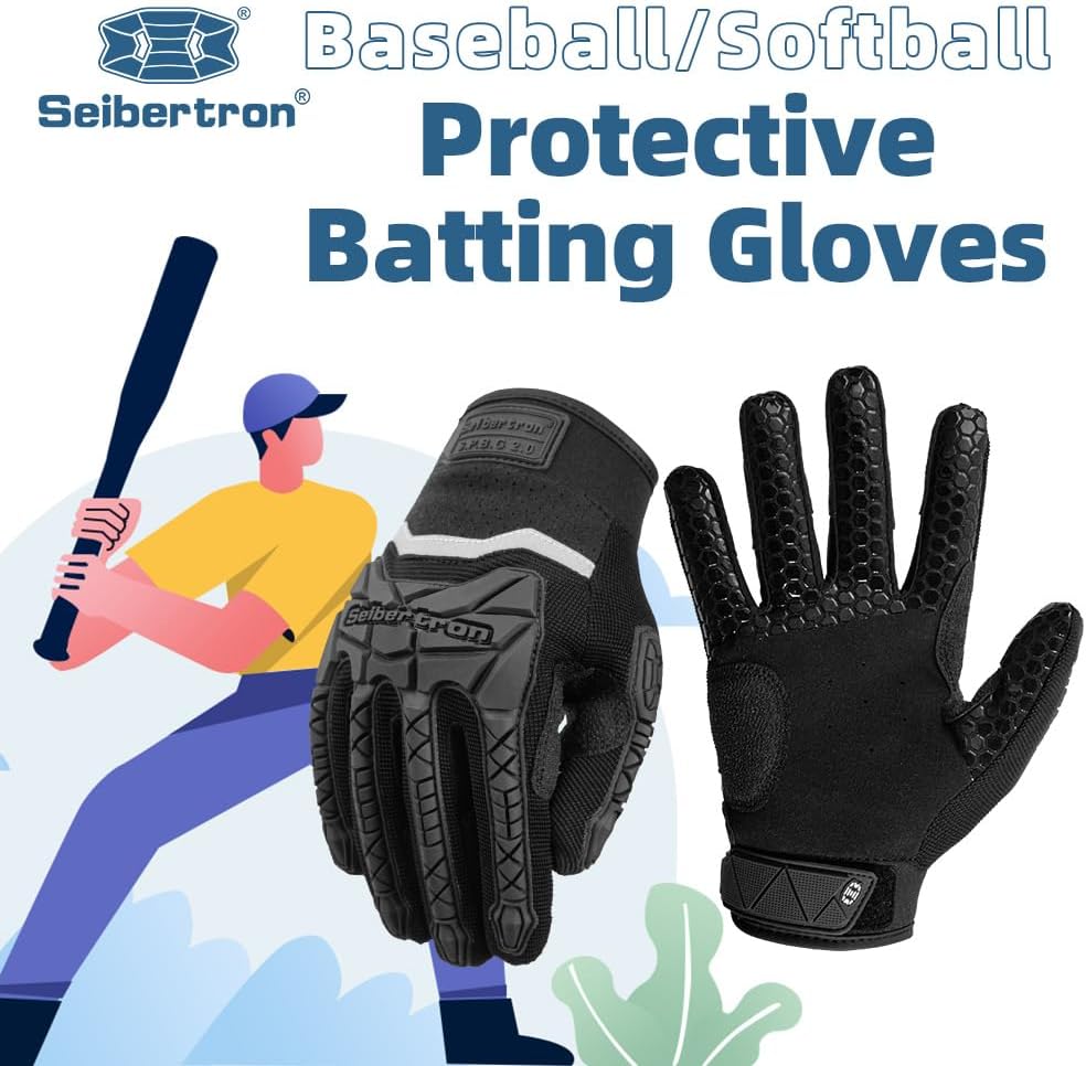 Seibertron Adult S.P.B.G 2.0 Baseball/Softball Batting Super Grip and Protective Gloves