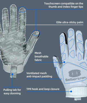Seibertron H.P.I.R.G Touchscreen Lineman and Football Receiver Gloves, Flexible Breathable Impact Protection Back of Hand Glove Adult and Youth Sizes