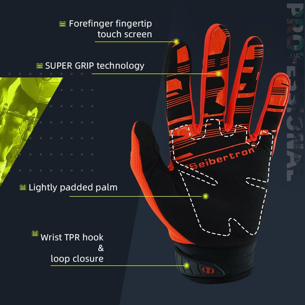 Seibertron Youth Dirtpaw Unisex BMX MX ATV MTB Racing Mountain Bike Bicycle Cycling Off-Road/Dirt Bike Gloves Road Racing Motorcycle Motocross Sports Gloves Touch Recognition Full Finger Glove