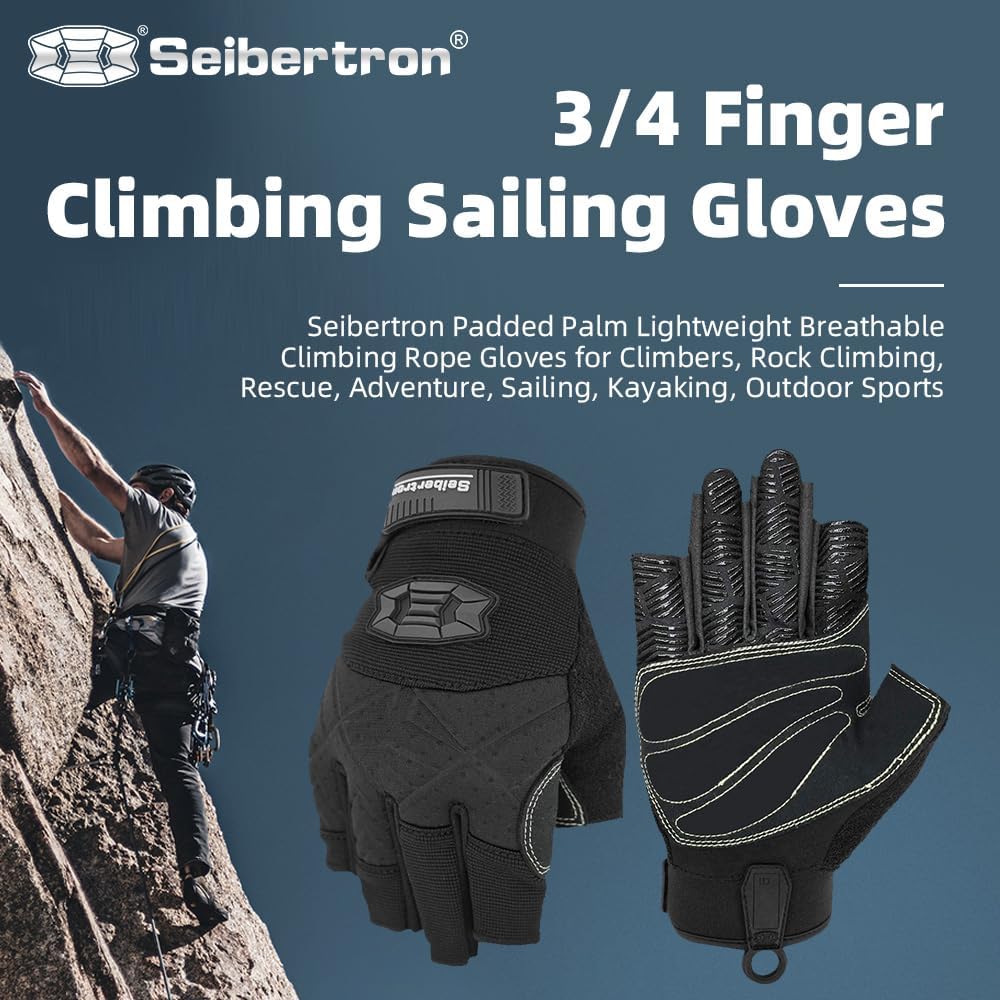 Seibertron Half Finger Padded Palm Lightweight Breathable Climbing Rope Gloves for Climbers, Rock Climbing, Rescue, Adventure, Sailing, Kayaking, Outdoor Sports