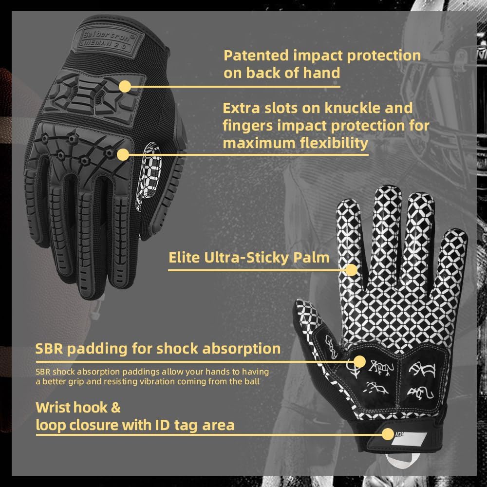 Seibertron Adult Full Finger Lineman 2.0 Padded Palm Football Receiver Gloves, Flexible TPR Impact Protection Back of Hand Glove