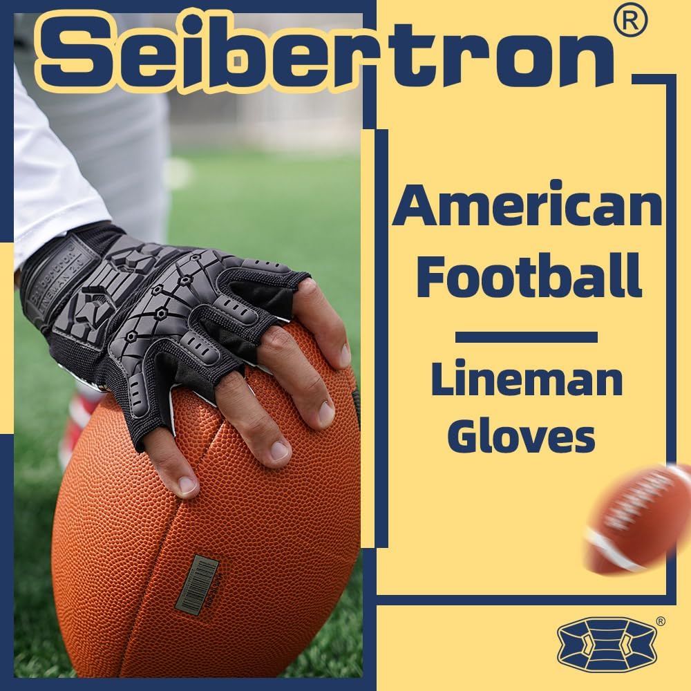 Seibertron Adult Half Finger Lineman 2.0 Padded Palm Football Receiver Gloves, Flexible TPR Impact Protection Back of Hand Glove