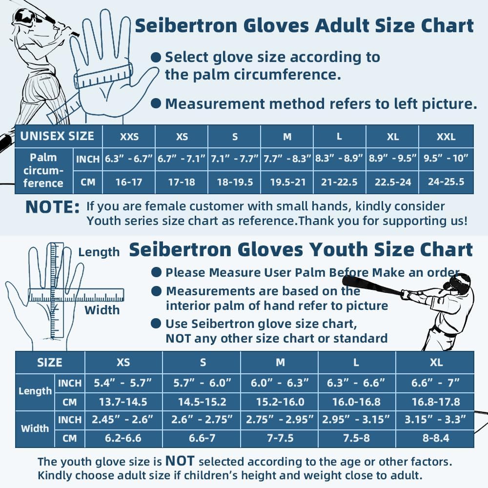 Seibertron Adult S.P.B.G 2.0 Baseball/Softball Batting Super Grip and Protective Gloves