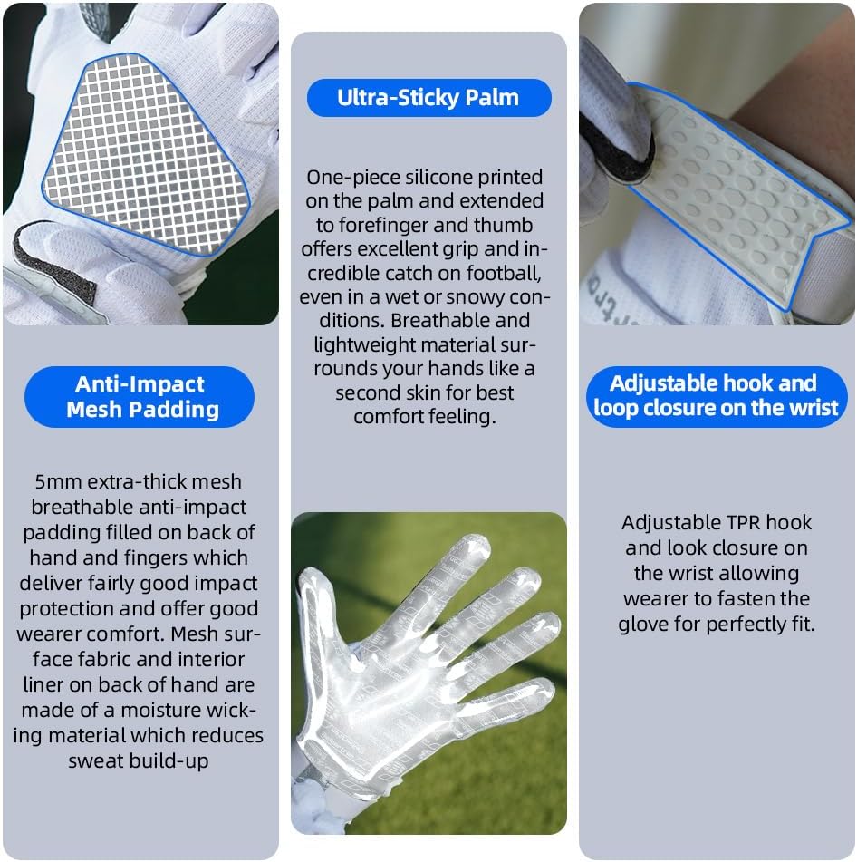 Seibertron H.P.I.R.G Touchscreen Lineman and Football Receiver Gloves, Flexible Breathable Impact Protection Back of Hand Glove Adult and Youth Sizes
