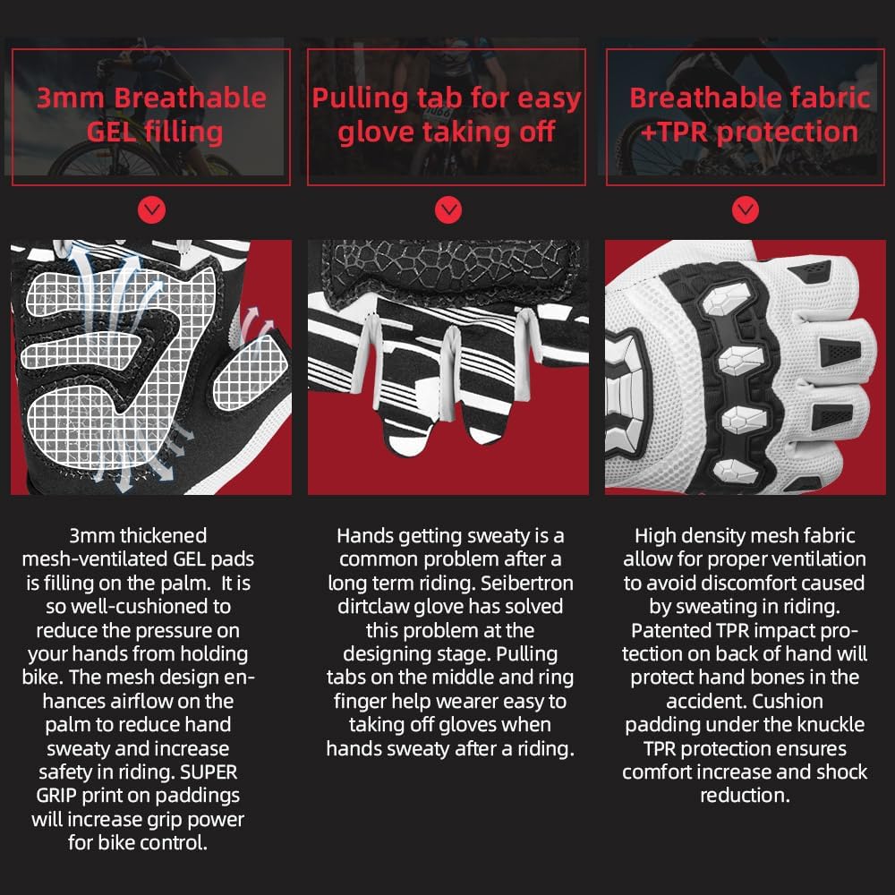 Seibertron Adult Dirtclaw Anti-Slip Fingerless Gloves: Perfect for Off-Road, BMX, and Motocross Adventures