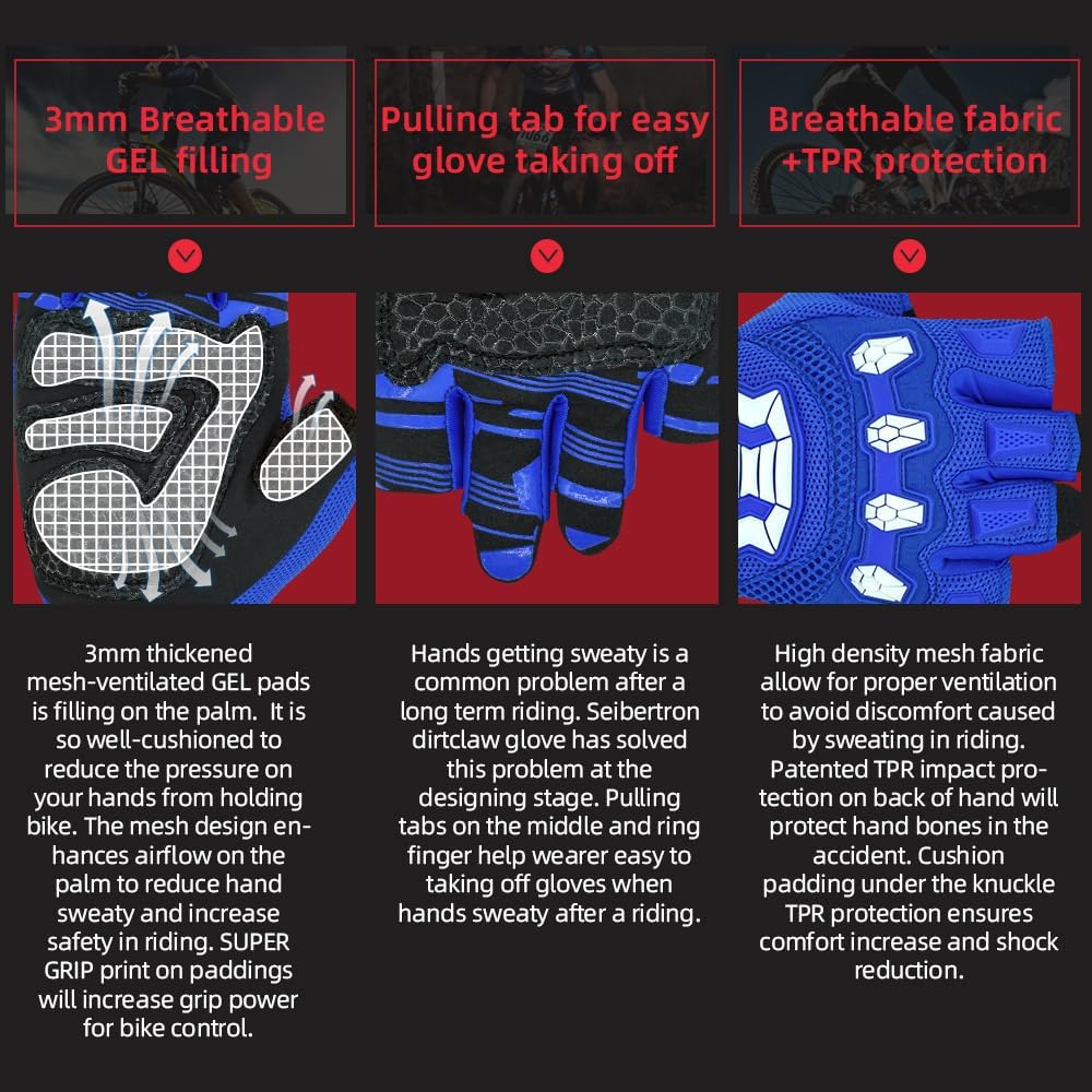 Seibertron Adult Dirtclaw Anti-Slip Fingerless Gloves: Perfect for Off-Road, BMX, and Motocross Adventures