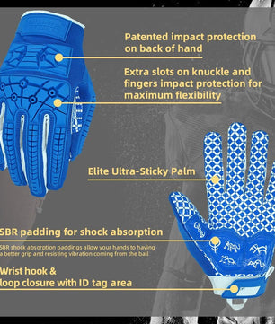 Seibertron Youth Full Finger Lineman 2.0 Padded Palm Football Receiver Gloves, Flexible TPR Impact Protection Back of Hand Glove