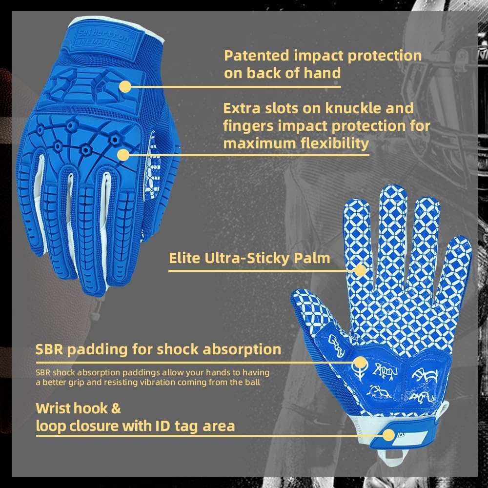 Seibertron Youth Full Finger Lineman 2.0 Football Gloves – Padded Palm, Flexible TPR Impact Protection, & Enhanced Grip