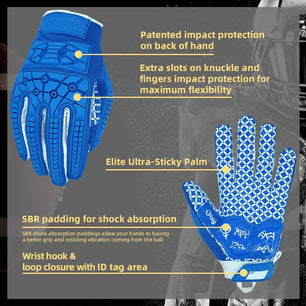 Seibertron Youth Full Finger Lineman 2.0 Padded Palm Football Receiver Gloves, Flexible TPR Impact Protection Back of Hand Glove