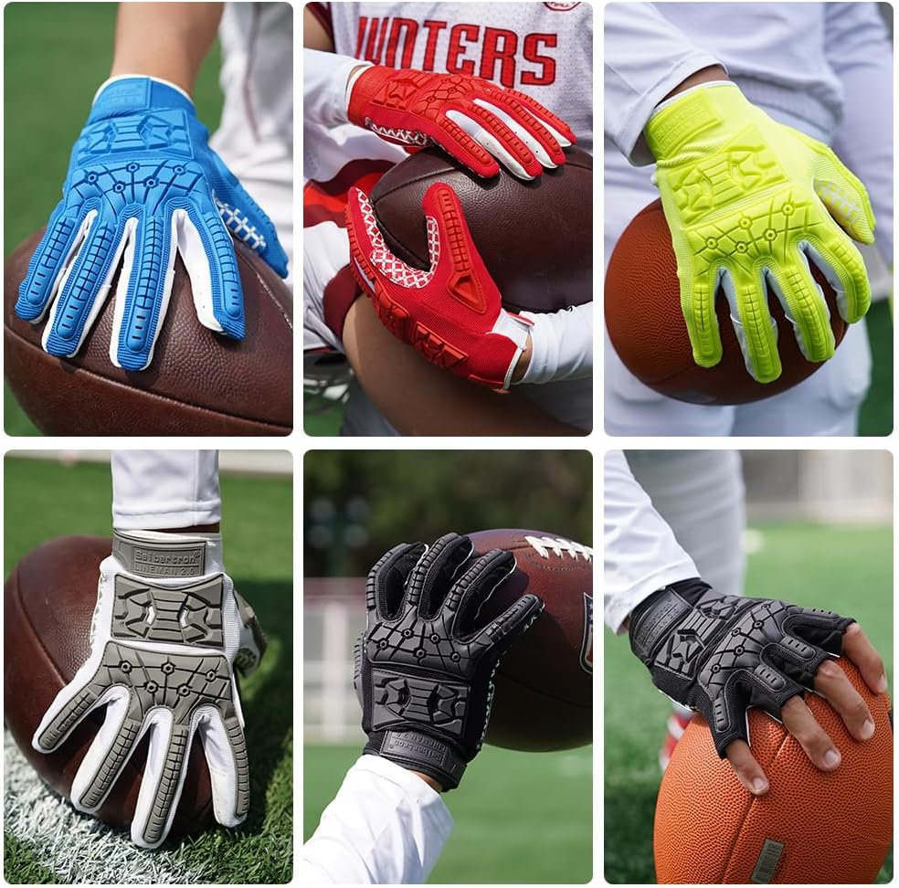 Seibertron Adult Full Finger Lineman 2.0 Padded Palm Football Receiver Gloves, Flexible TPR Impact Protection Back of Hand Glove