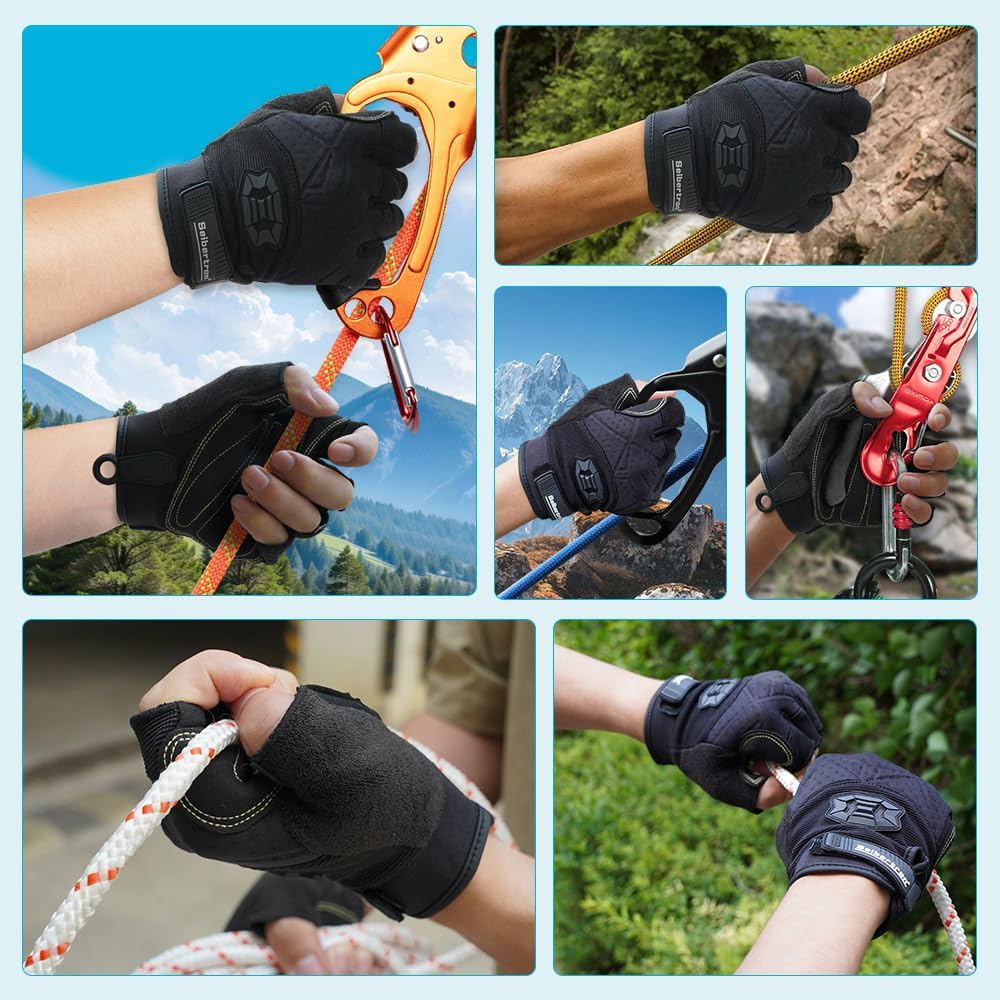 Seibertron Half Finger Padded Palm Lightweight Breathable Climbing Rope Gloves for Climbers, Rock Climbing, Rescue, Adventure, Sailing, Kayaking, Outdoor Sports