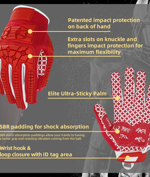 Seibertron Youth Full Finger Lineman 2.0 Padded Palm Football Receiver Gloves, Flexible TPR Impact Protection Back of Hand Glove