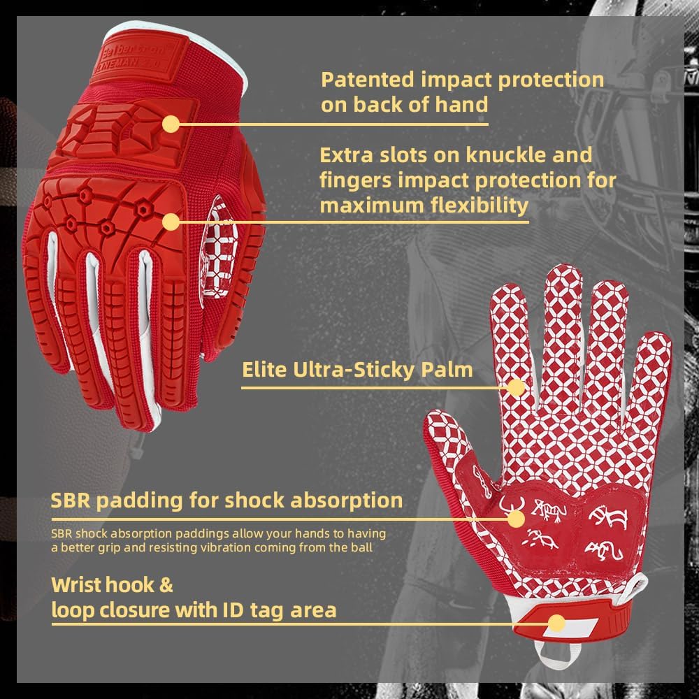 Seibertron Youth Full Finger Lineman 2.0 Football Gloves – Padded Palm, Flexible TPR Impact Protection, & Enhanced Grip