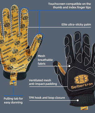 Seibertron H.P.I.R.G Touchscreen Lineman and Football Receiver Gloves, Flexible Breathable Impact Protection Back of Hand Glove Adult and Youth Sizes