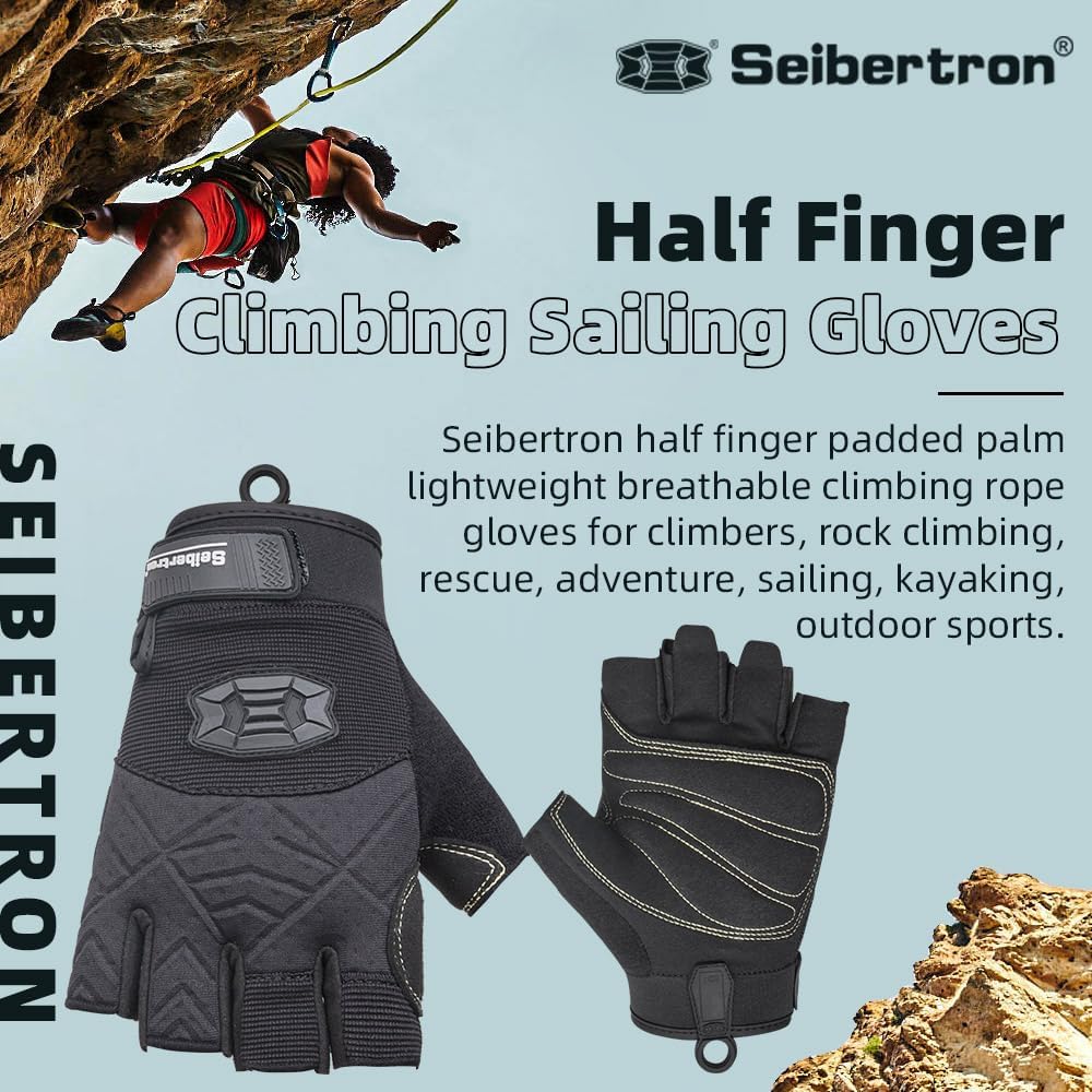 Seibertron Half Finger Padded Palm Lightweight Breathable Climbing Rope Gloves for Climbers, Rock Climbing, Rescue, Adventure, Sailing, Kayaking, Outdoor Sports