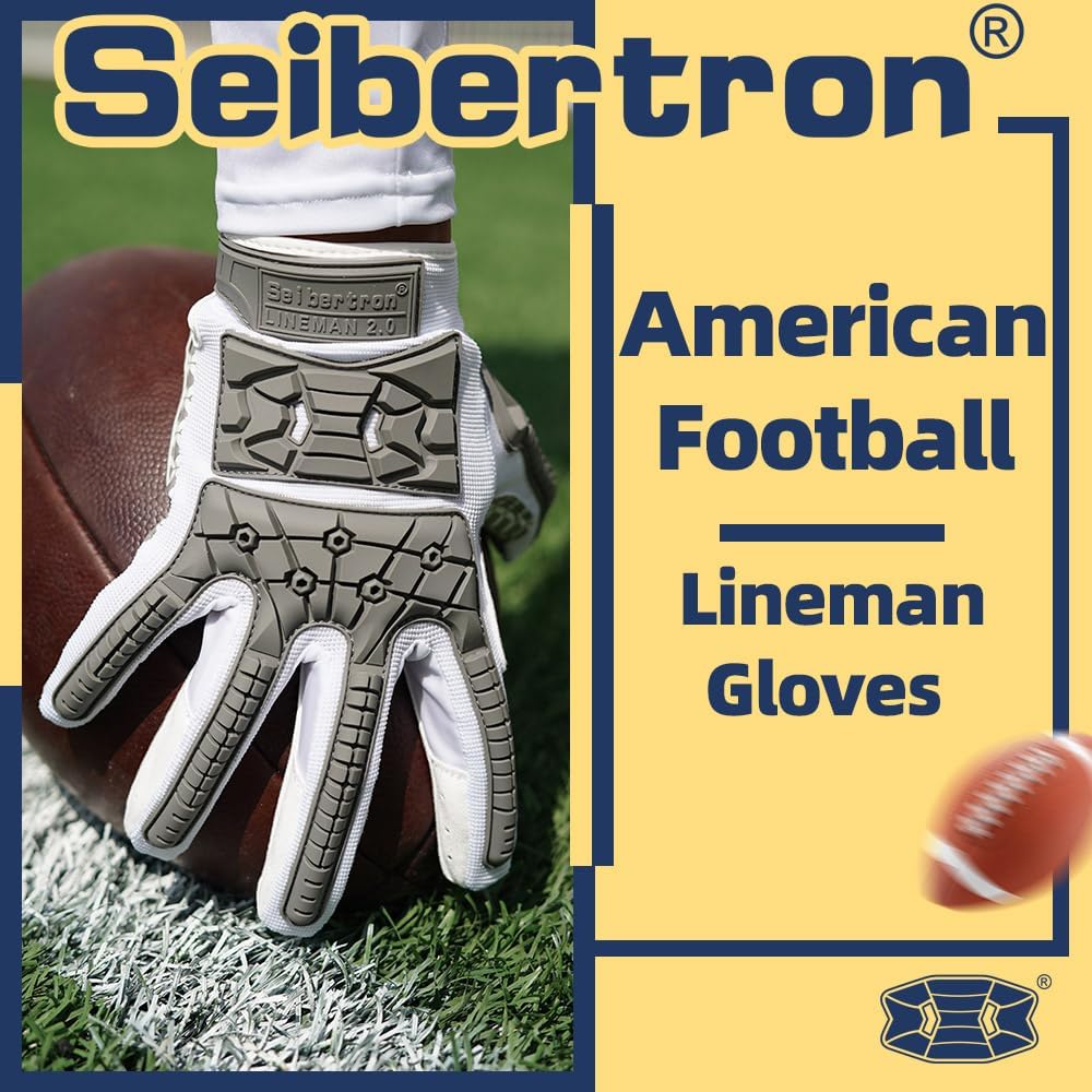 Seibertron Adult Full Finger Lineman 2.0 Padded Palm Football Receiver Gloves, Flexible TPR Impact Protection Back of Hand Glove - Seibertron