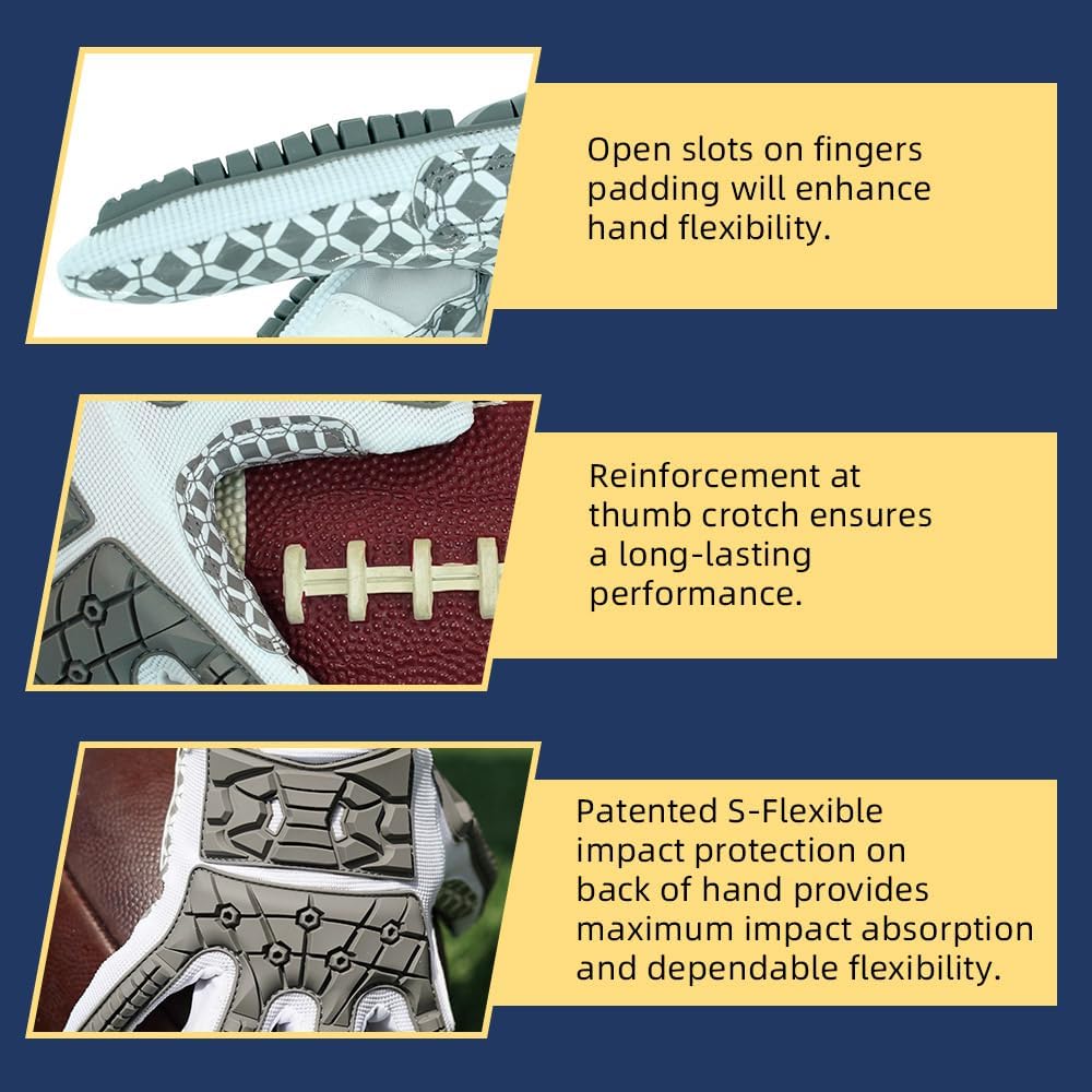 Seibertron Adult Full Finger Lineman 2.0 Padded Palm Football Receiver Gloves, Flexible TPR Impact Protection Back of Hand Glove - Seibertron