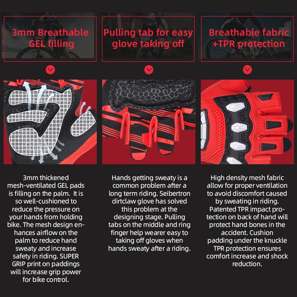 Seibertron Dirtclaw Youth BMX MX ATV MTB Road Racing Mountain Bike Bicycle Cycling Off-Road/Dirt Bike Gel Padded Anti - Slip Palm Fingerless Gloves Motorcycle Motocross Sports Gloves - Seibertron