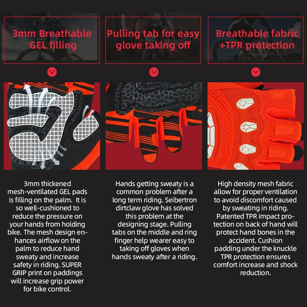 Seibertron Dirtclaw Youth BMX MX ATV MTB Road Racing Mountain Bike Bicycle Cycling Off-Road/Dirt Bike Gel Padded Anti - Slip Palm Fingerless Gloves Motorcycle Motocross Sports Gloves - Seibertron