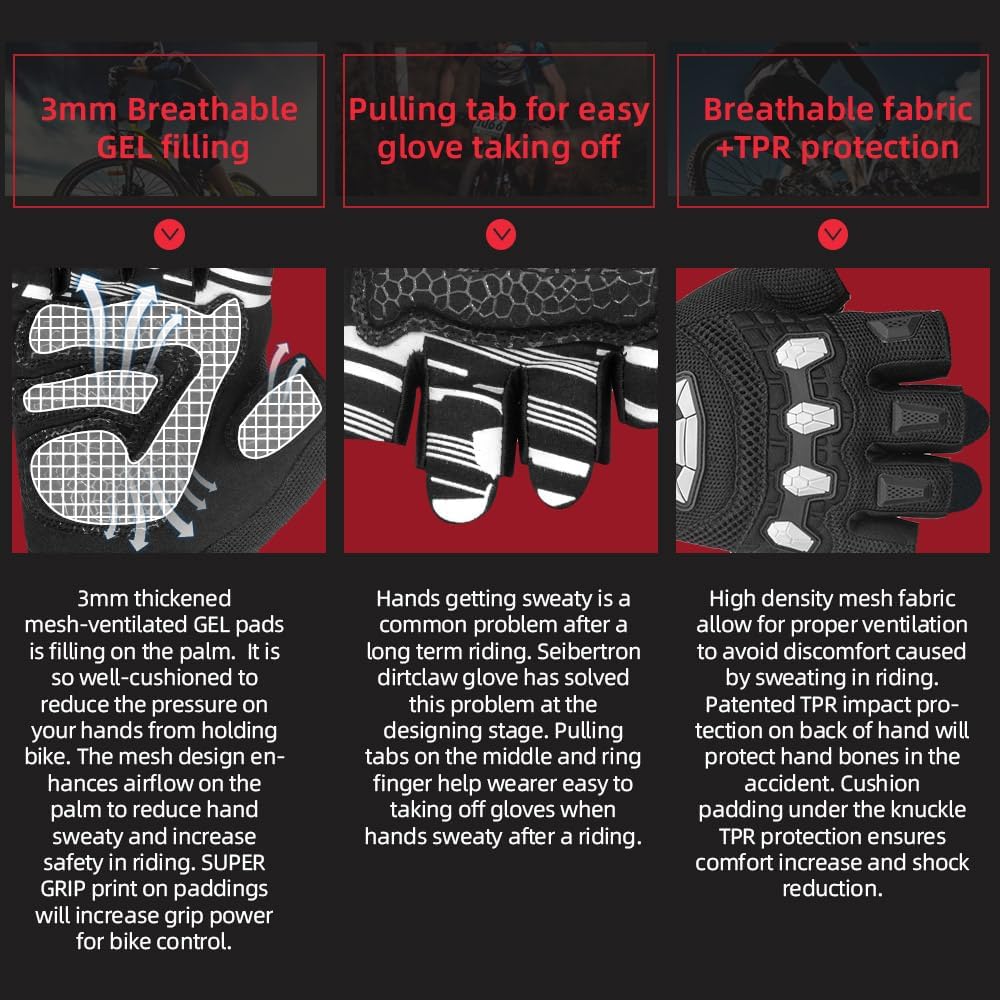 Seibertron Dirtclaw Youth BMX MX ATV MTB Road Racing Mountain Bike Bicycle Cycling Off-Road/Dirt Bike Gel Padded Anti - Slip Palm Fingerless Gloves Motorcycle Motocross Sports Gloves - Seibertron
