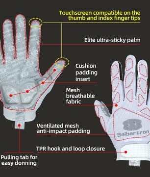 Seibertron H.P.I.L.G Touchscreen Lineman and Football Receiver Gloves, Flexible Breathable Impact Protection Back of Hand Glove Adult and Youth Sizes - SeibertronOutdoors