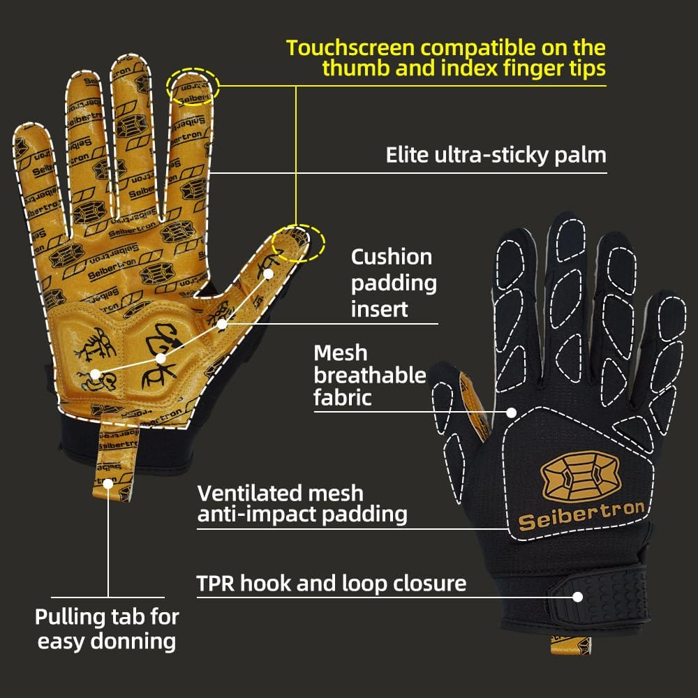Seibertron H.P.I.L.G Touchscreen Lineman and Football Receiver Gloves, Flexible Breathable Impact Protection Back of Hand Glove Adult and Youth Sizes - Seibertron