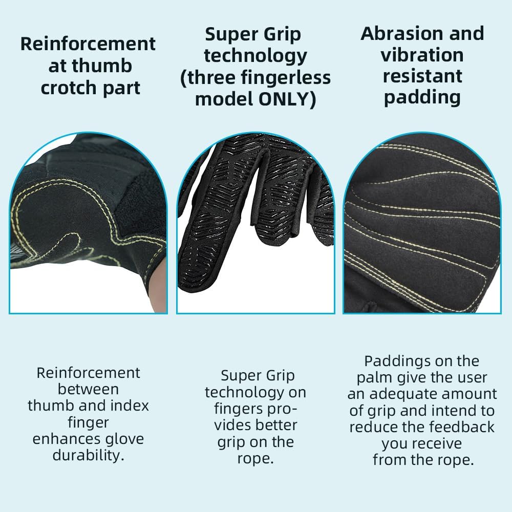 Seibertron Half Finger Padded Palm Lightweight Breathable Climbing Rope Gloves for Climbers, Rock Climbing, Rescue, Adventure, Sailing, Kayaking, Outdoor Sports Three Finger - Seibertron