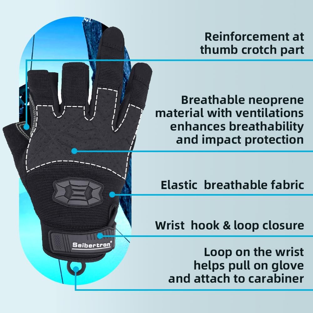 Seibertron Half Finger Padded Palm Lightweight Breathable Climbing Rope Gloves for Climbers, Rock Climbing, Rescue, Adventure, Sailing, Kayaking, Outdoor Sports Three Finger - Seibertron