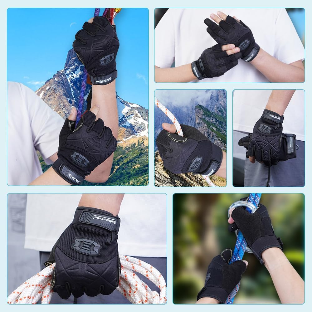 Seibertron Half Finger Padded Palm Lightweight Breathable Climbing Rope Gloves for Climbers, Rock Climbing, Rescue, Adventure, Sailing, Kayaking, Outdoor Sports Three Finger - Seibertron