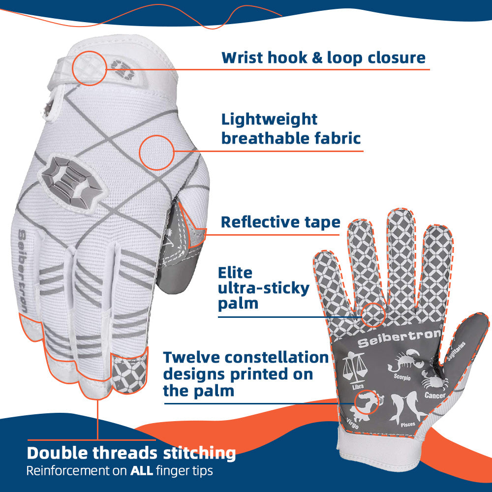 Youth wide receiver gloves for improved catching performance