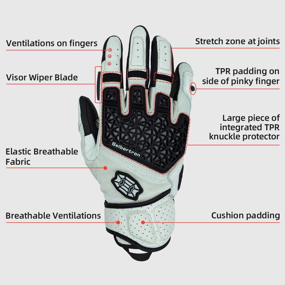 Seibertron SPS-10 Adult Motorcycle Riding Gloves – Breathable, Durable, Anti-Slip, Touchscreen Leather Gloves for Spring, Summer, and Fall - Seibertron